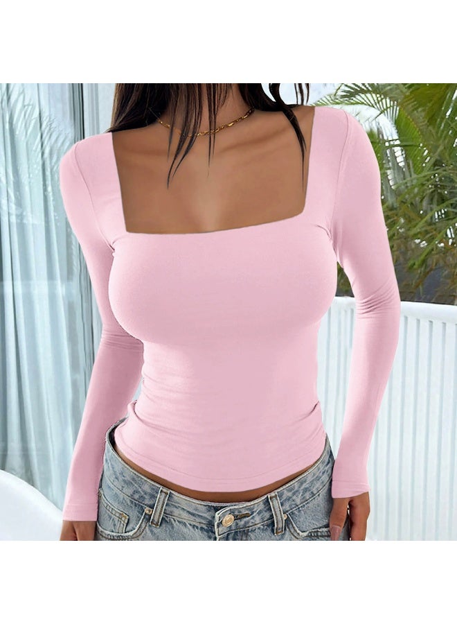 general 2026 Elegant Women's Long-Sleeved Square-Neck Crop Top, Long-Sleeved Pullover Tight-Fitting Casual Fashion Top, Y2K Style Top, T-Shirt - Image 1